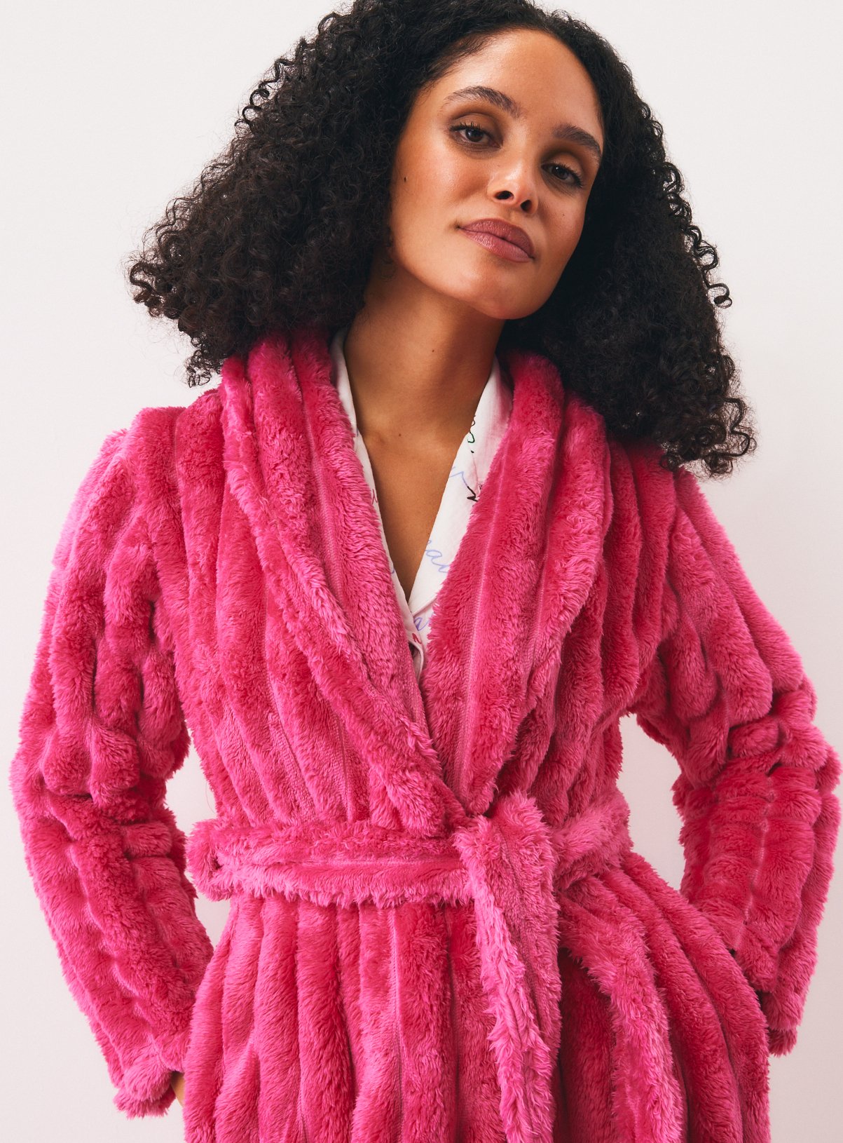 Bright Pink Textured Fluffy Dressing Gown M - Image 2 thumbnail