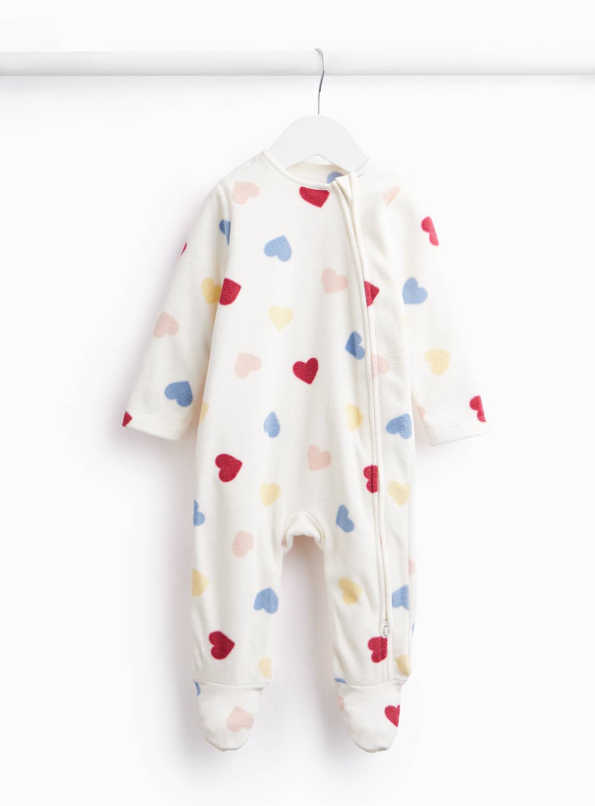 White Love Heart Fleece Zip Sleepsuit Up to 1 mth - Image 1