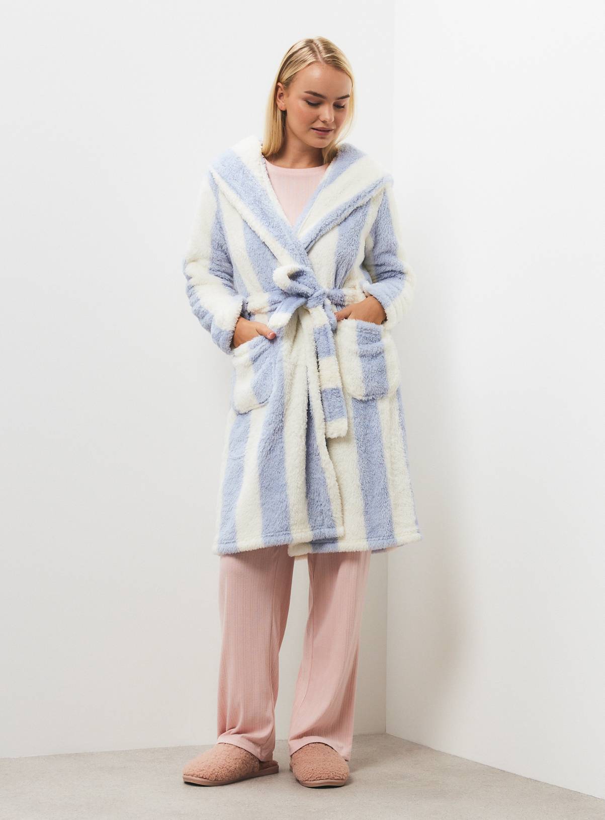 Blue & White Striped Hooded Dressing Gown S - Image 1