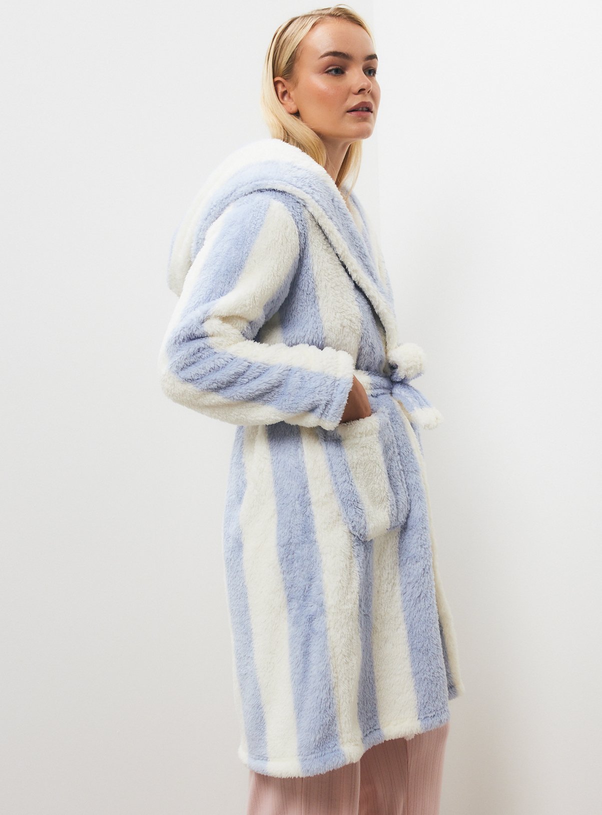 Blue & White Striped Hooded Dressing Gown S - Image 3 thumbnail