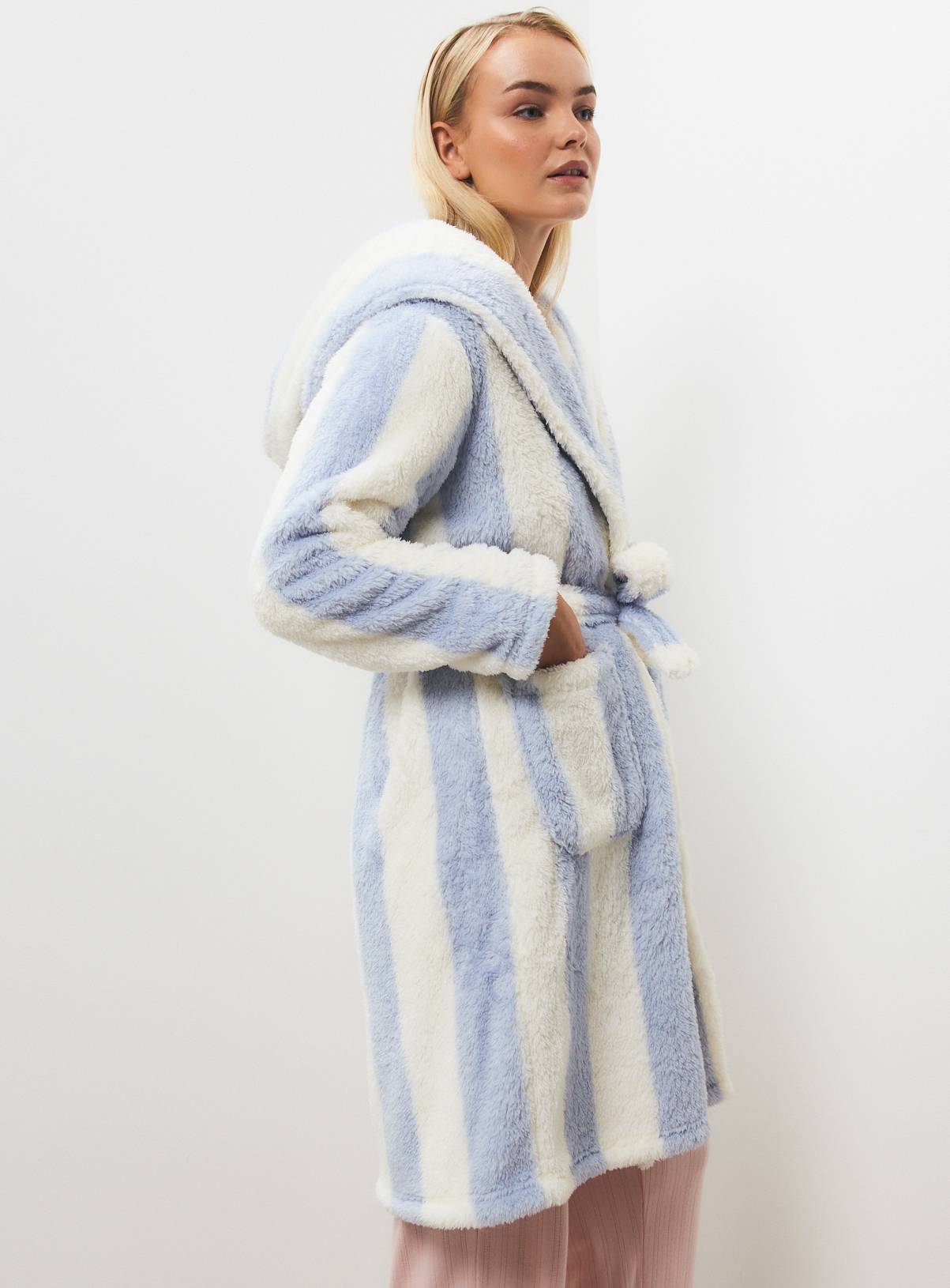 Blue & White Striped Hooded Dressing Gown XL - Image 3