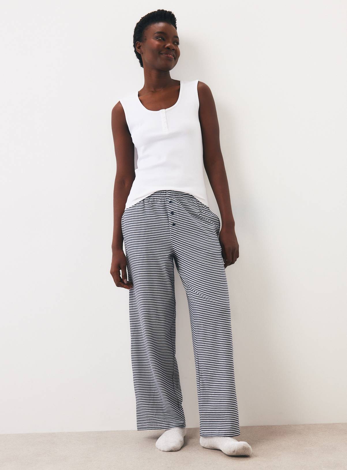 Navy Breton Stripe Wide Leg Jersey Bottoms M - Image 1