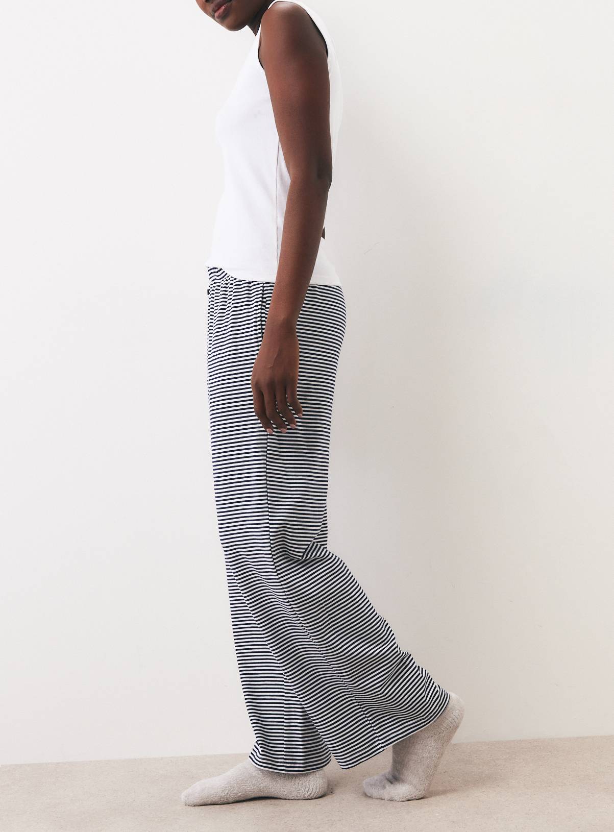 Navy Breton Stripe Wide Leg Jersey Bottoms M - Image 2