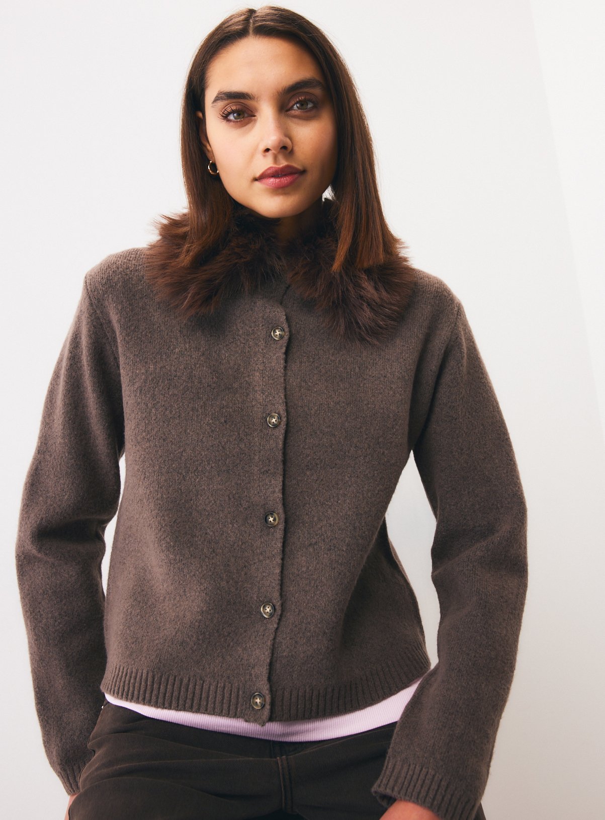 Cream Faux Fur Collar Cardigan S - Image 1 thumbnail