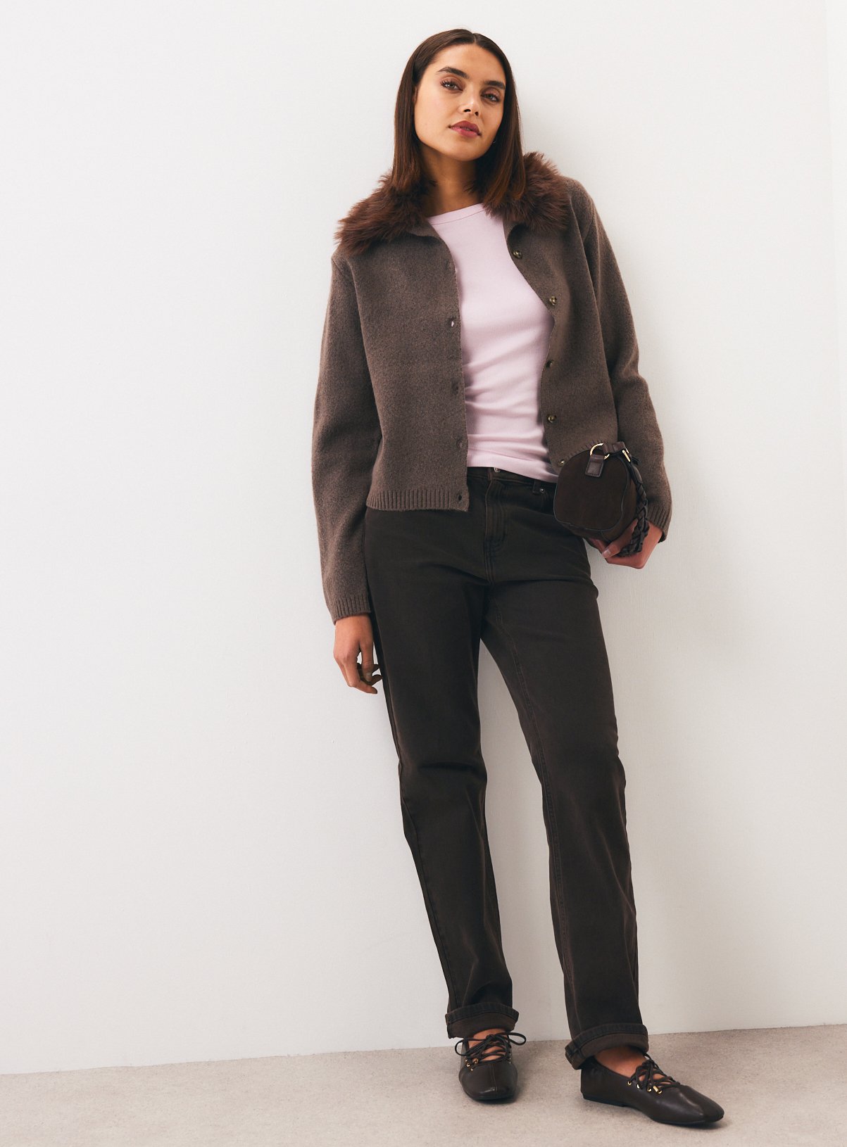 Cream Faux Fur Collar Cardigan S - Image 2 thumbnail
