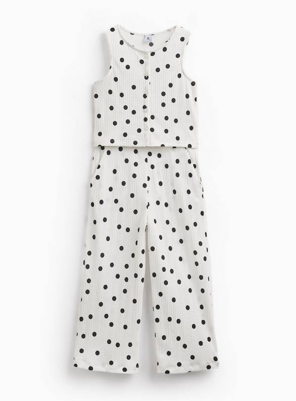 White Polka Dot Print Crinkle Top & Trousers Set 10 years