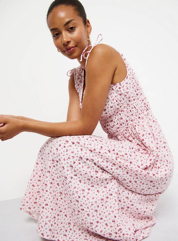 Pink Floral Ditsy Print Seersucker Sleeveless Shirred Dress 16