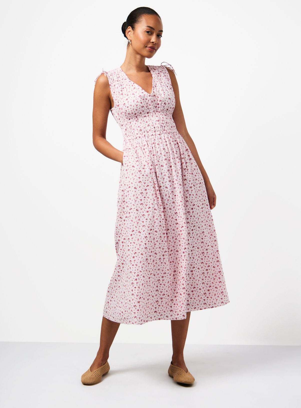 Pink Floral Ditsy Print Seersucker Sleeveless Shirred Dress 8 - Image 2 thumbnail
