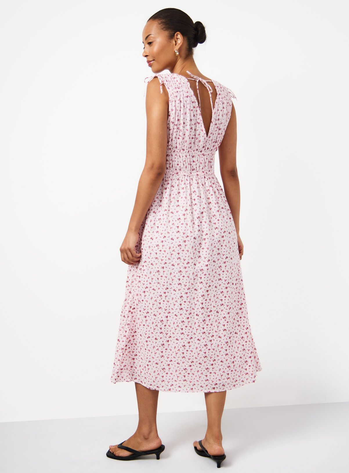 Pink Floral Ditsy Print Seersucker Sleeveless Shirred Dress 8 - Image 4 thumbnail