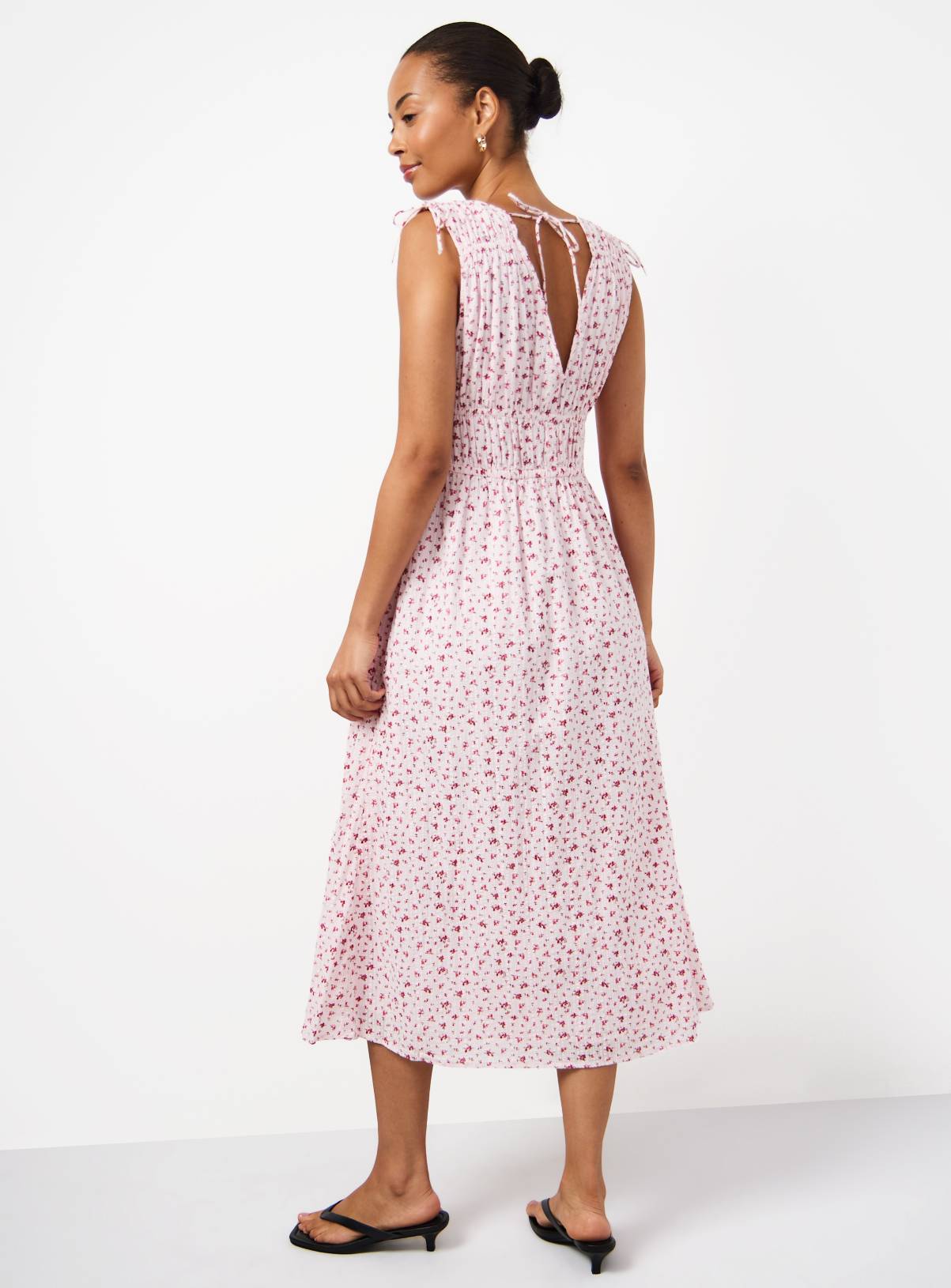 Pink Floral Ditsy Print Seersucker Sleeveless Shirred Dress 8 - Image 4