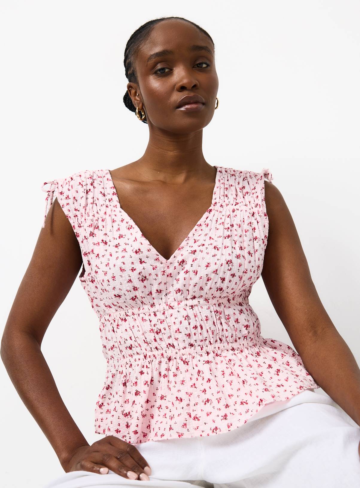 Pink Floral Ditsy Print Seersucker Sleeveless Shirred Top 24 - Image 1