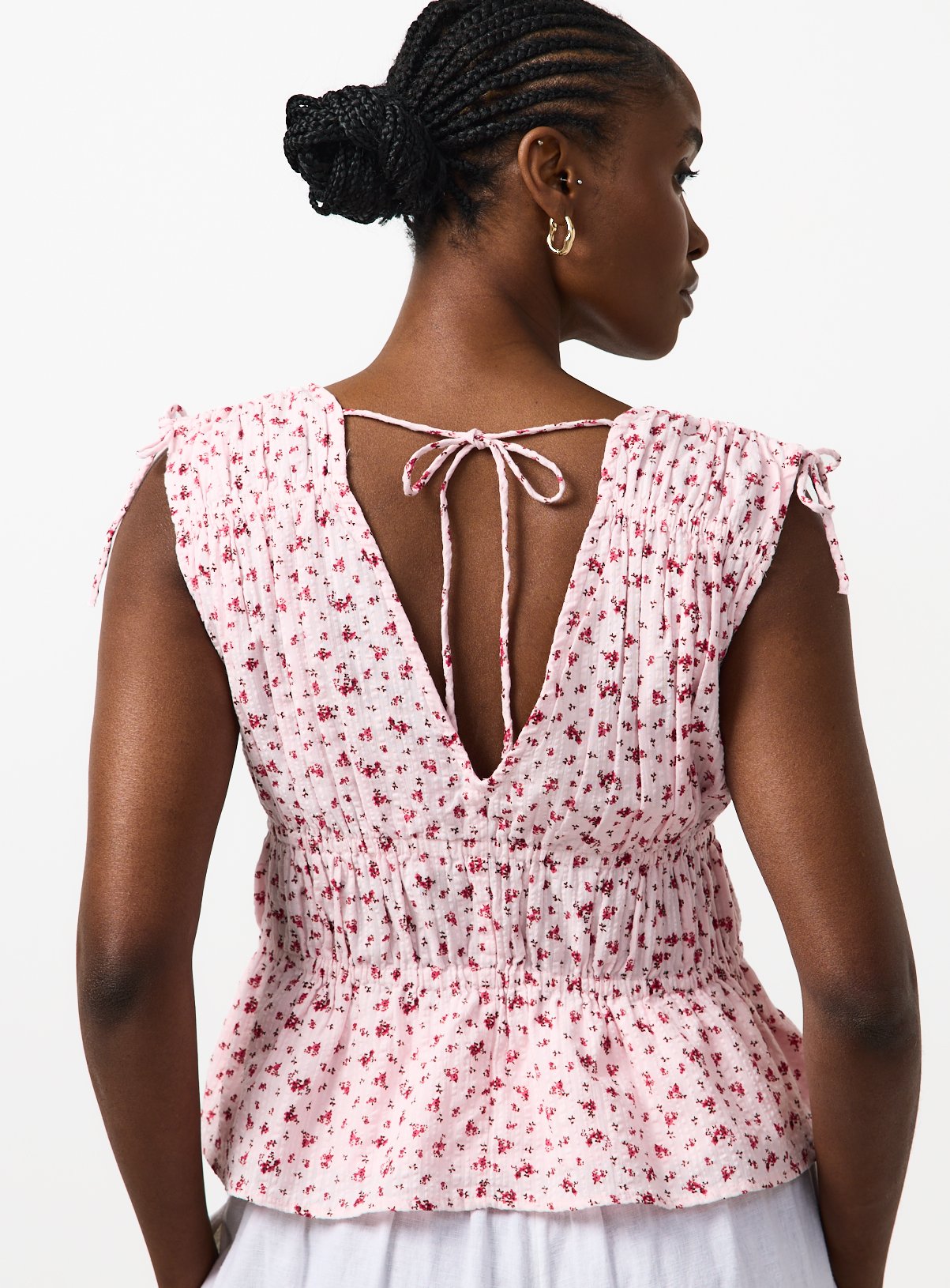 Pink Floral Ditsy Print Seersucker Sleeveless Shirred Top 24 - Image 2 thumbnail
