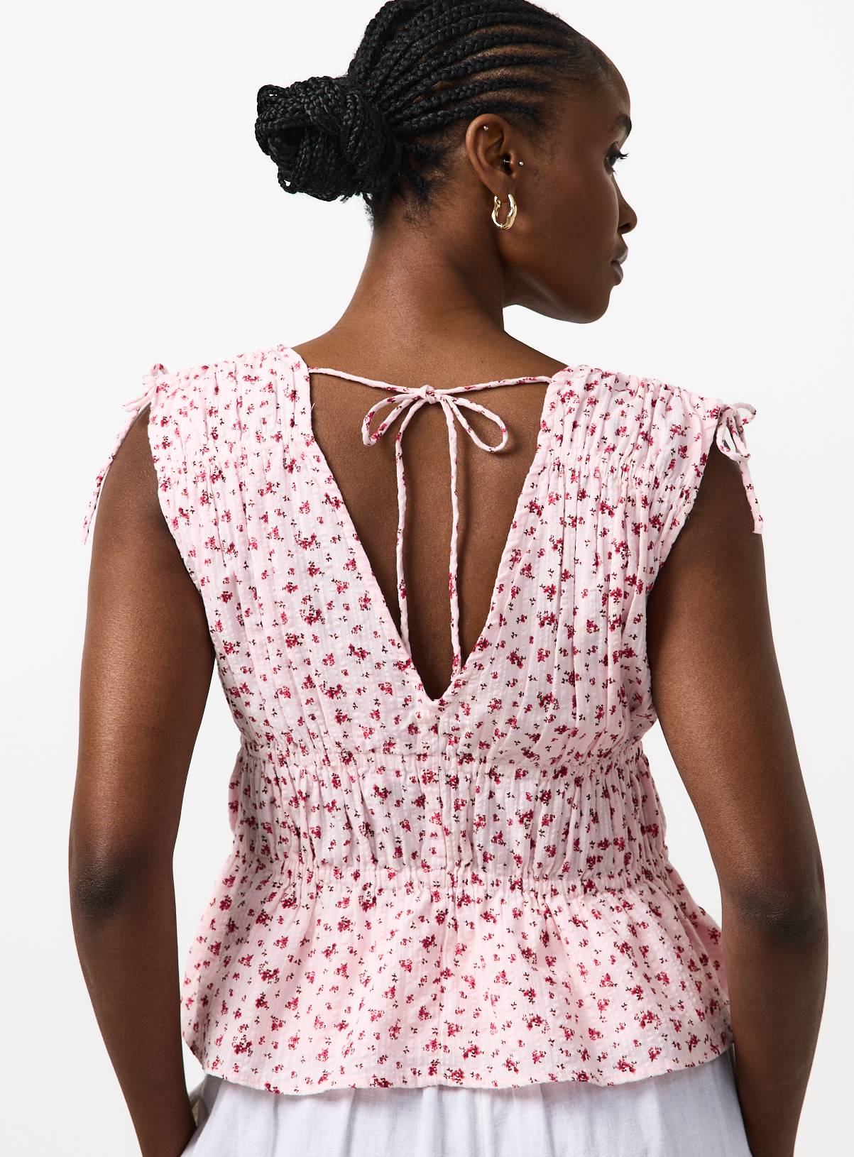 Pink Floral Ditsy Print Seersucker Sleeveless Shirred Top 24 - Image 2