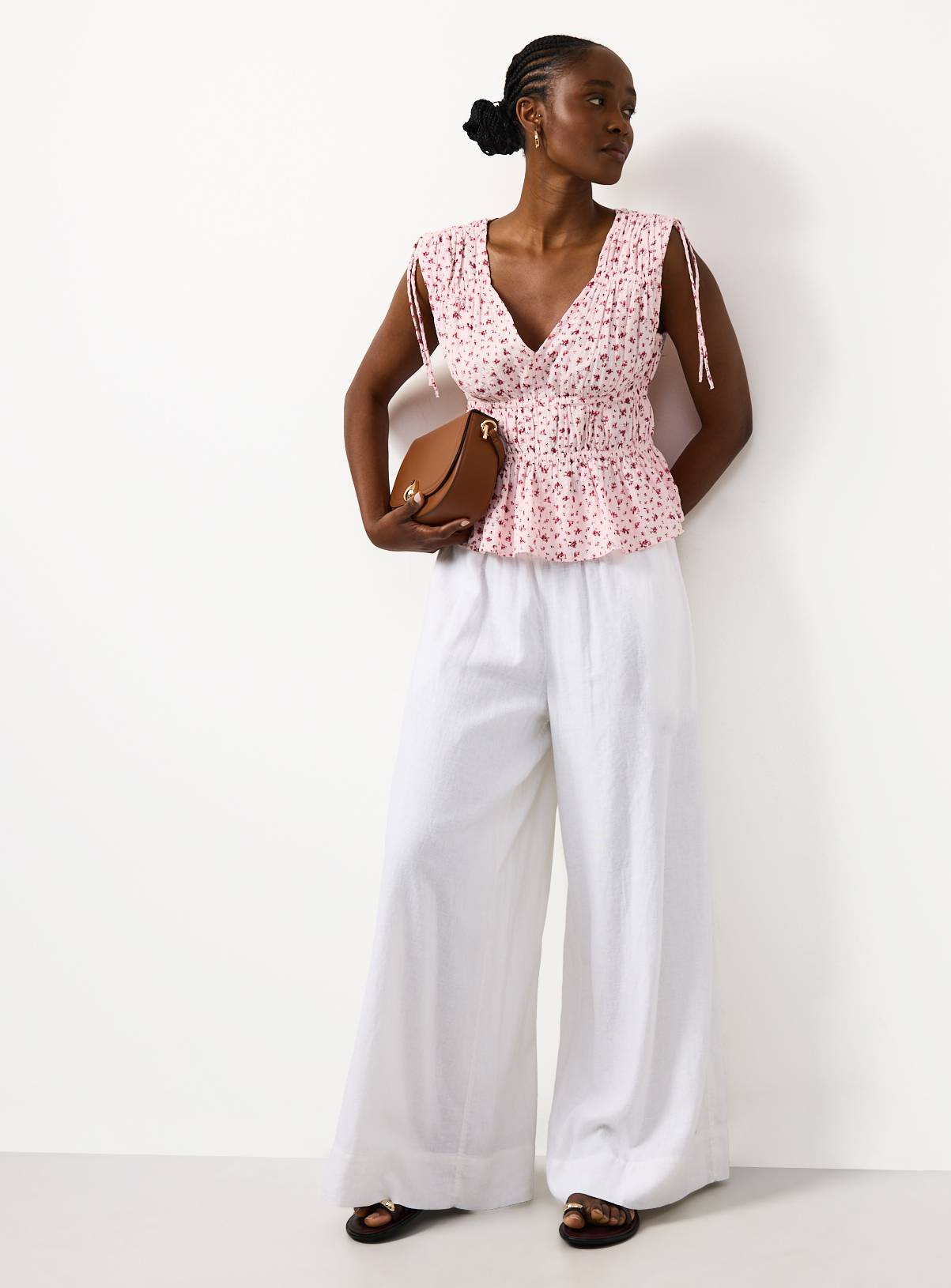 Pink Floral Ditsy Print Seersucker Sleeveless Shirred Top 24 - Image 3