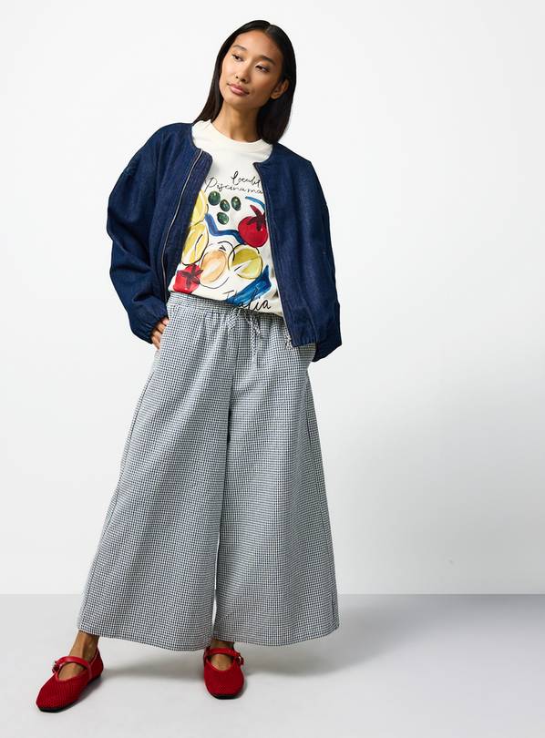 Navy Gingham Cropped Wide Leg Trousers 18