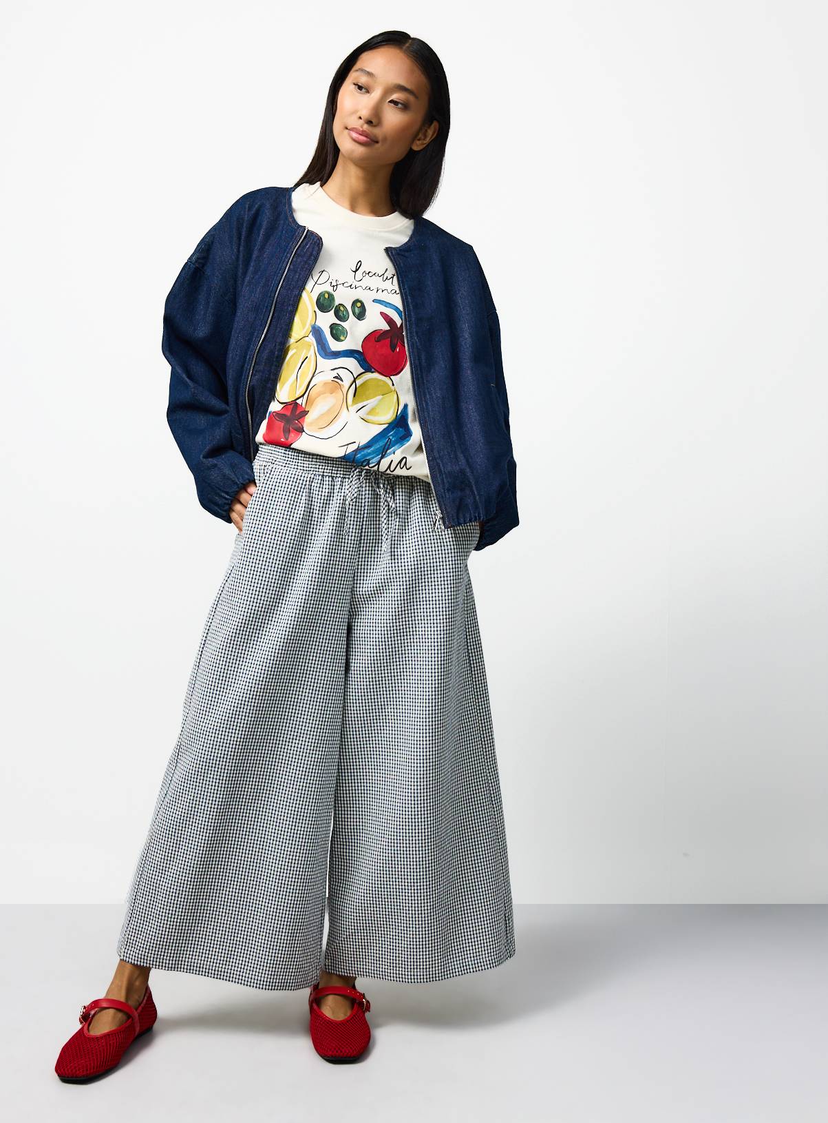 Navy Gingham Cropped Wide Leg Trousers 14 - Image 1