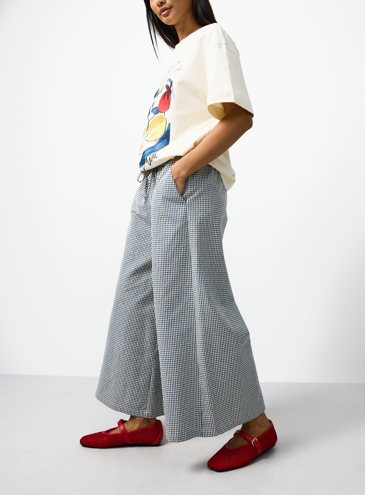 Navy Gingham Cropped Wide Leg Trousers 14 - Image 2 thumbnail
