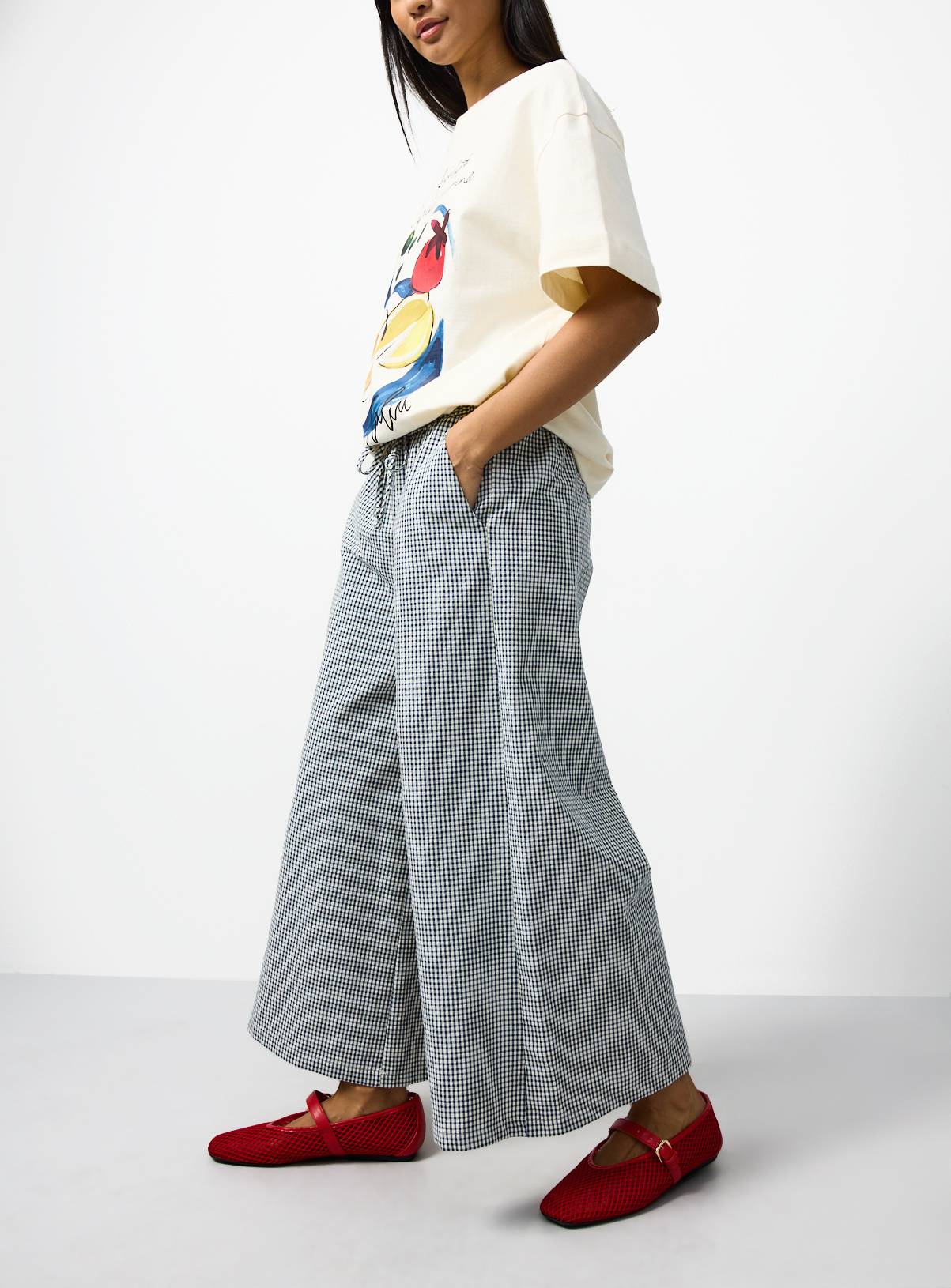 Navy Gingham Cropped Wide Leg Trousers 14 - Image 2