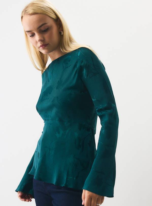 Teal Satin Jacquard Drawstring Top 10