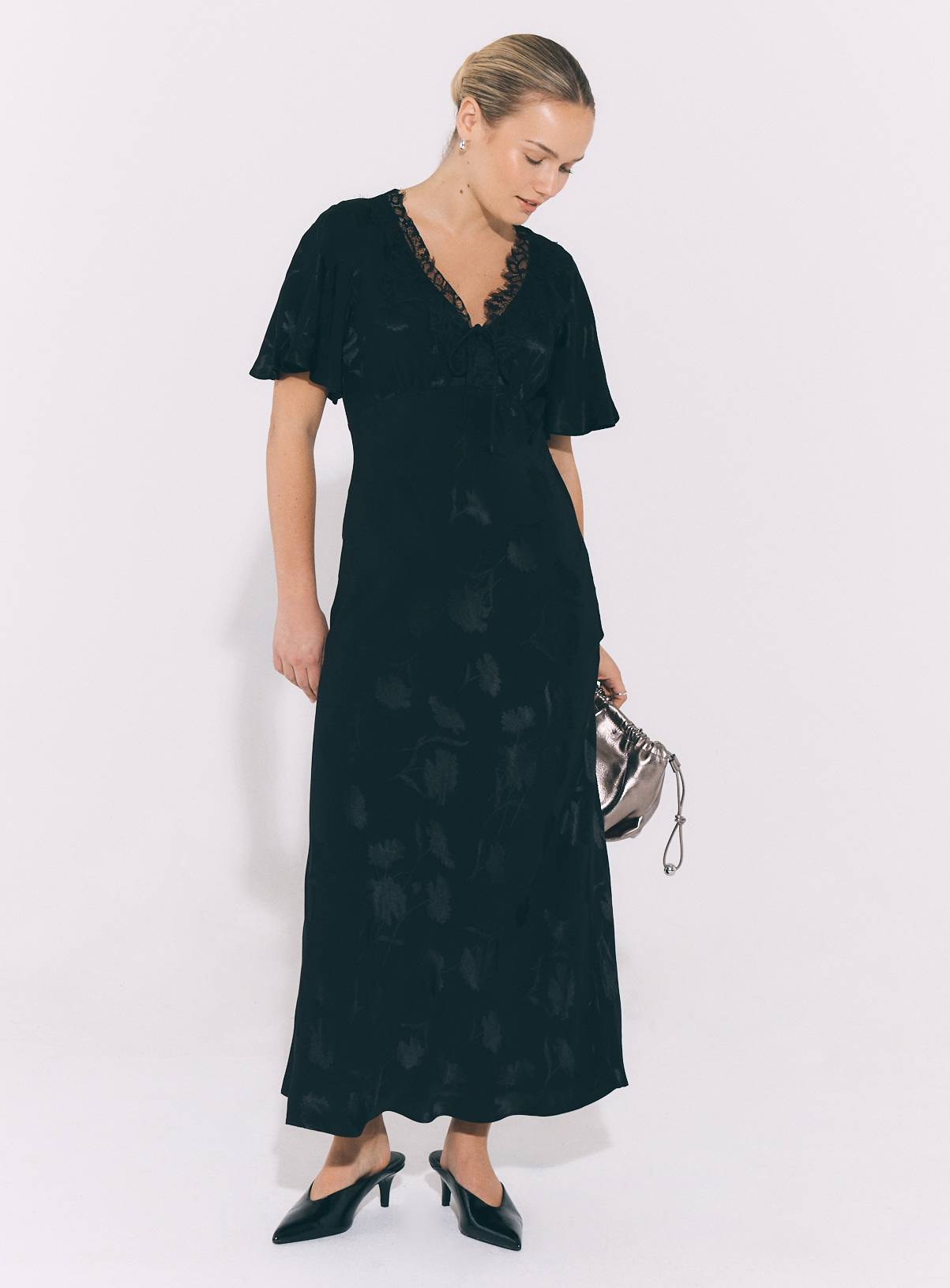 Black Fluted Sleeve Jacquard Tea Dress 6 - Image 1