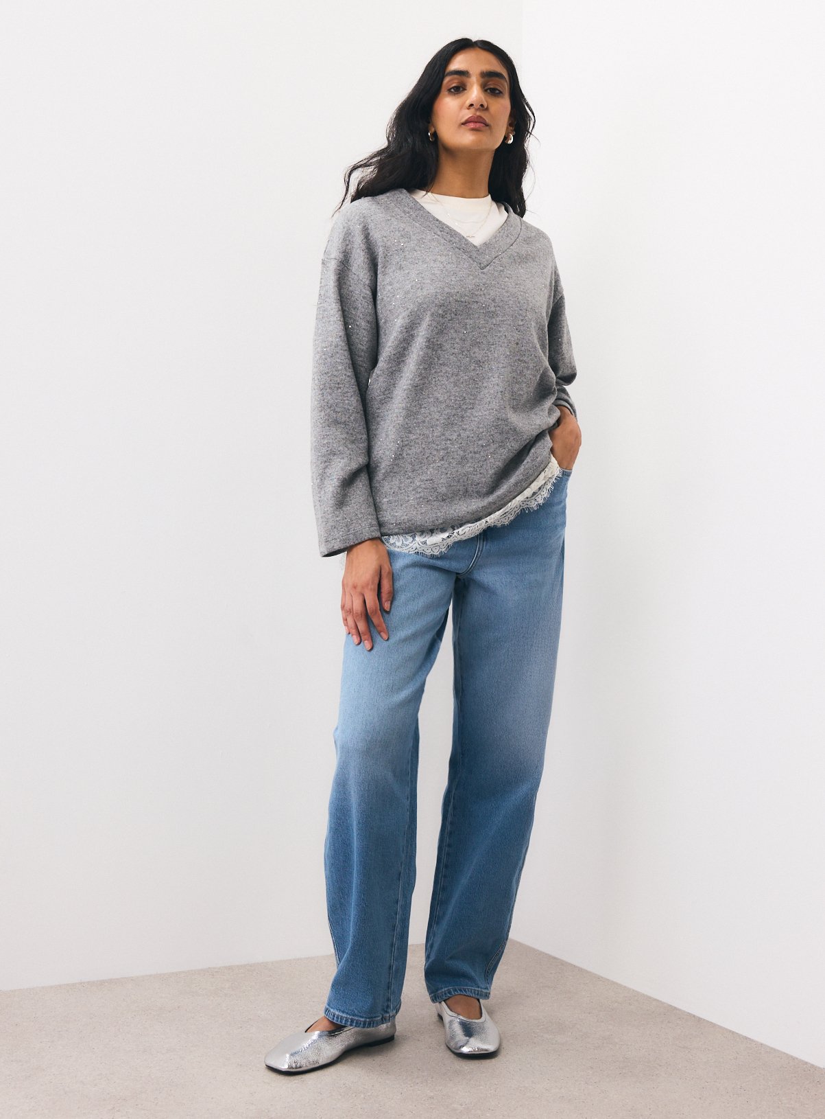 Grey V-Neck Sequin Tunic XL - Image 2 thumbnail