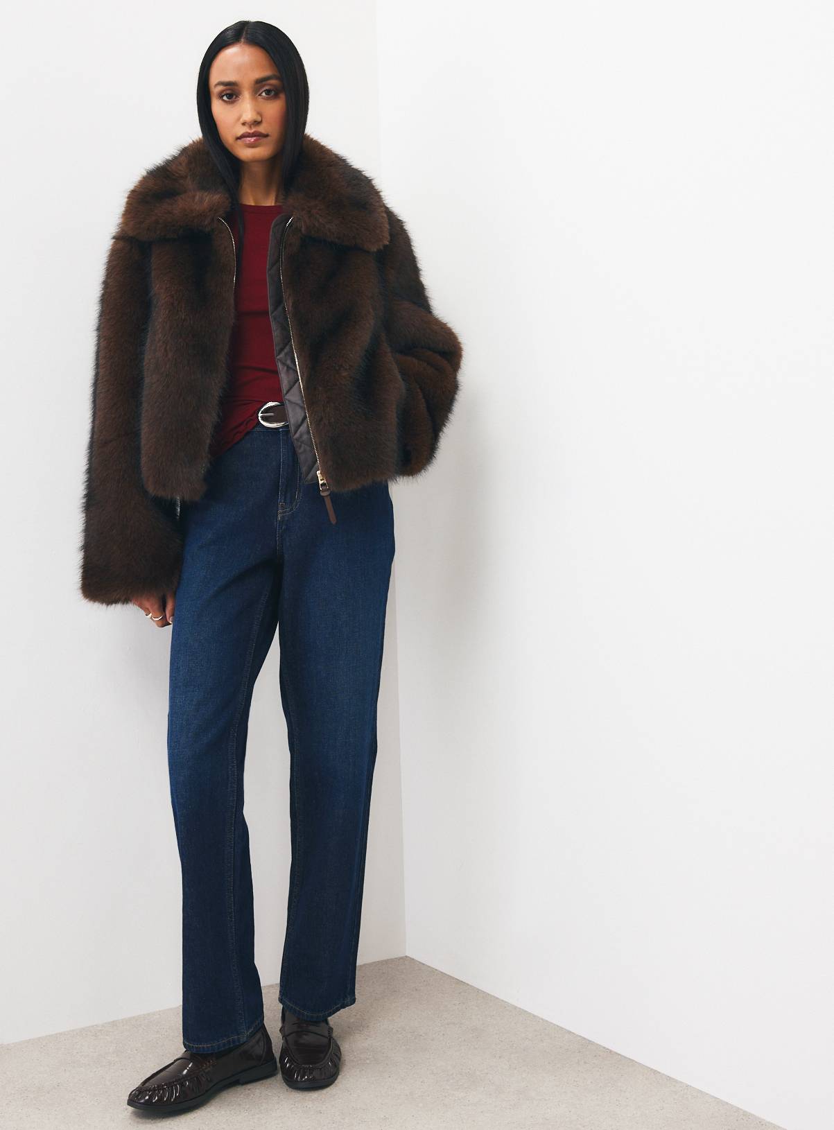 Brown Bonded Faux Fur Zip Through Jacket XS - Image 2