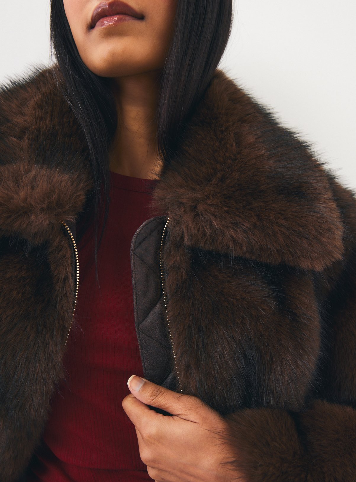 Brown Bonded Faux Fur Zip Through Jacket L - Image 3 thumbnail