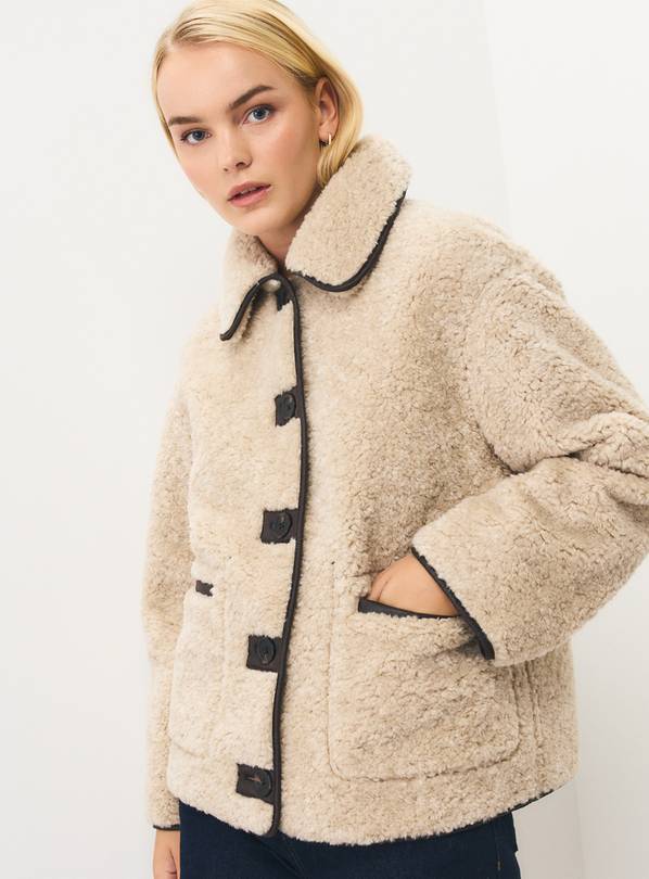 Cream Borg Fleece & Faux Leather Reversible Jacket XS