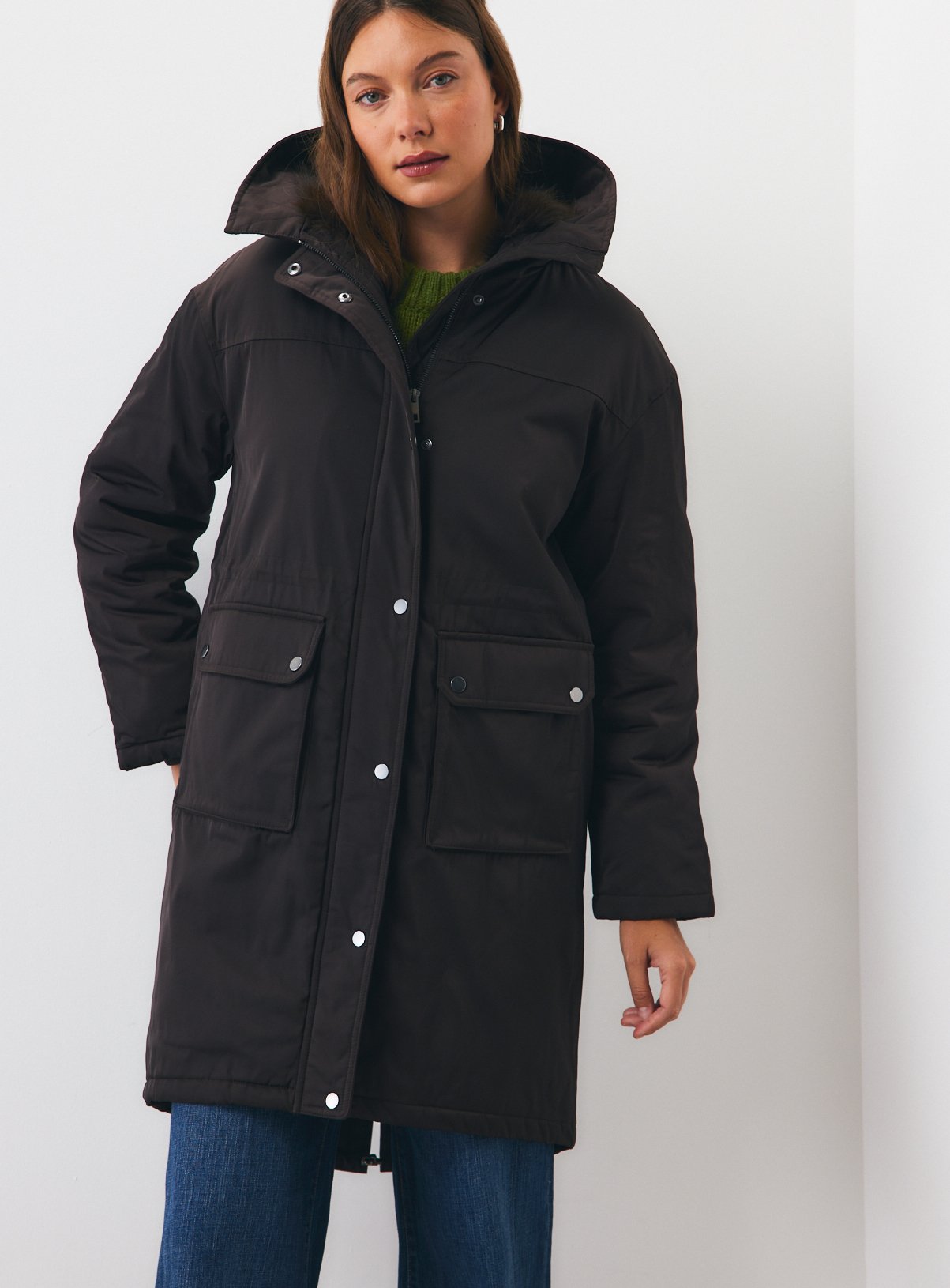 Brown Longline Faux Fur Hooded Parka XS - Image 1 thumbnail