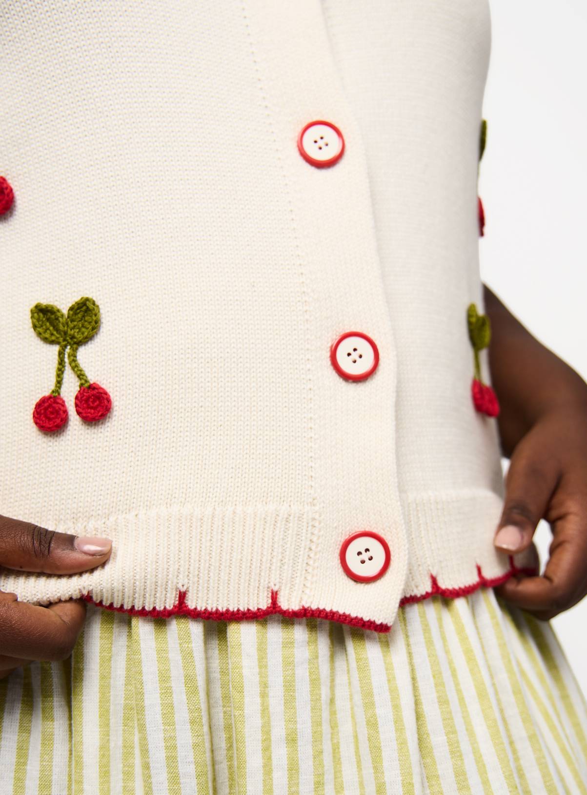 Cream Cherry Appliqué Knitted Sleeveless Cardigan S - Image 3