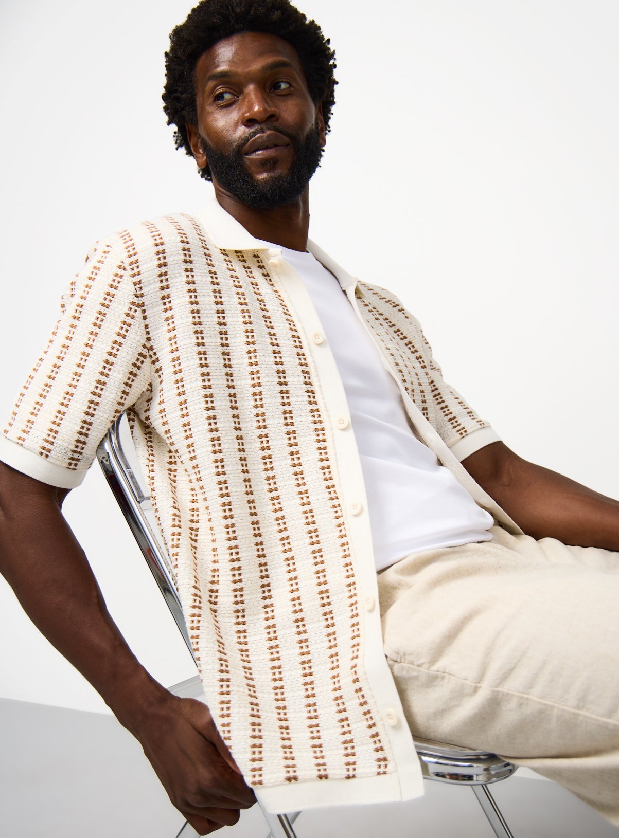  Cream Knit-Look Texture Stripe Short Sleeve Polo Shirt XL - Image 1 thumbnail