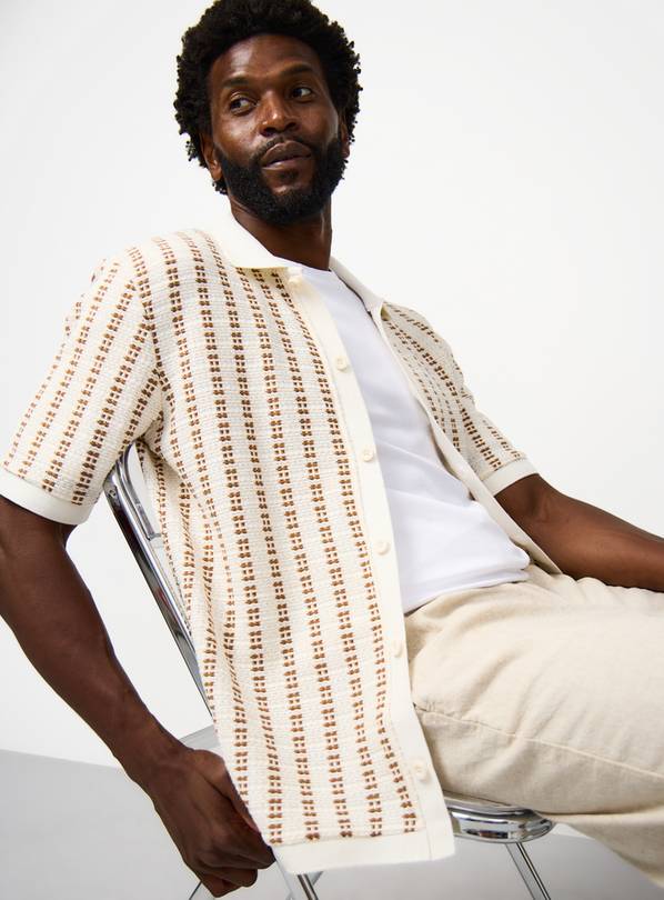  Cream Knit-Look Texture Stripe Short Sleeve Polo Shirt XL