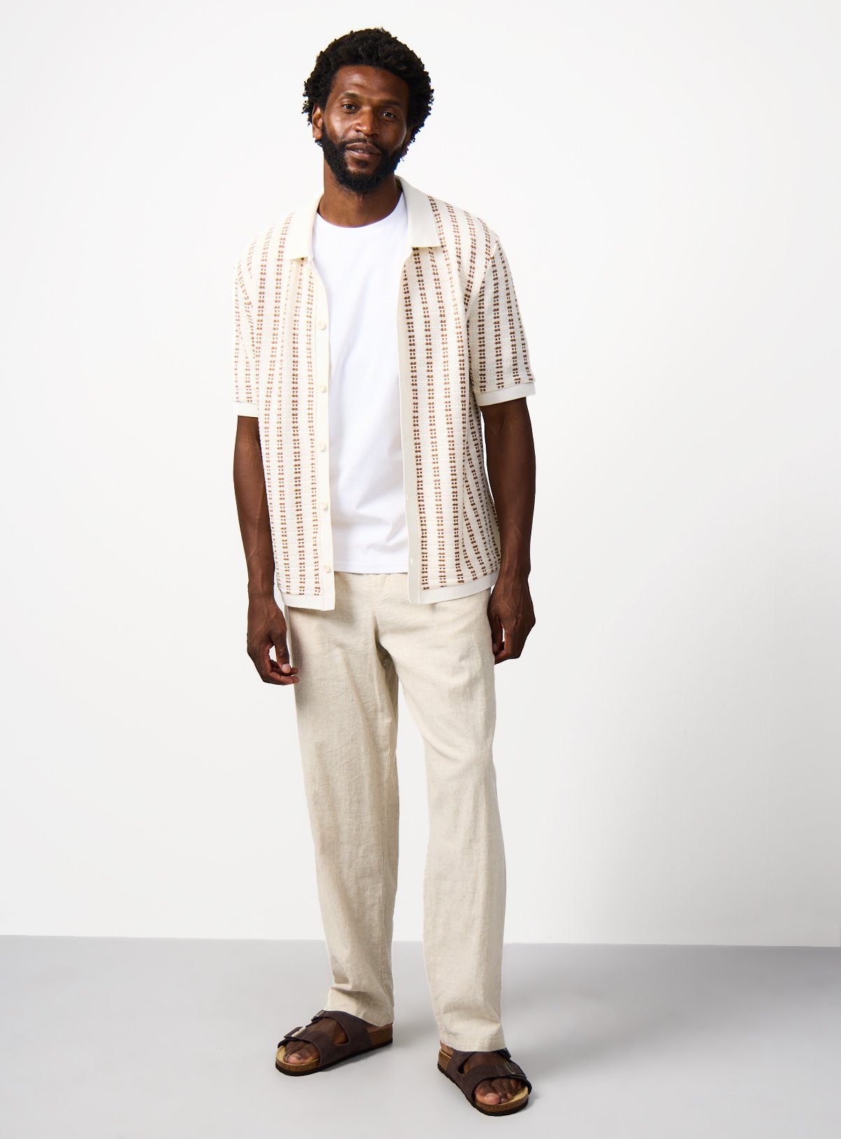  Cream Knit-Look Texture Stripe Short Sleeve Polo Shirt XL - Image 2 thumbnail
