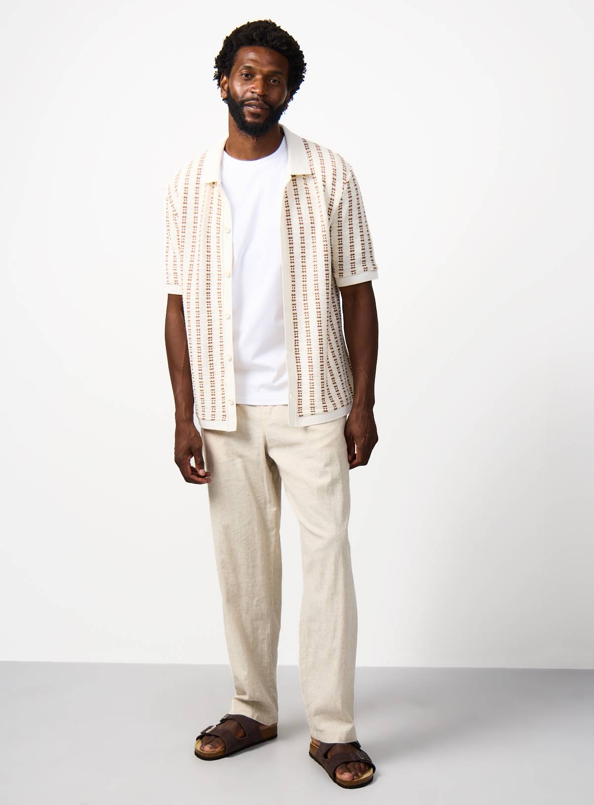  Cream Knit-Look Texture Stripe Short Sleeve Polo Shirt XL - Image 2