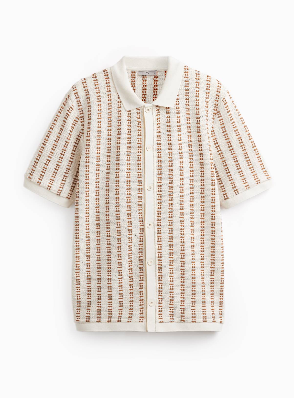  Cream Knit-Look Texture Stripe Short Sleeve Polo Shirt XL - Image 3