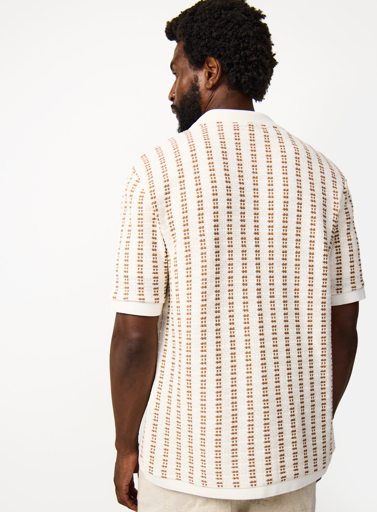  Cream Knit-Look Texture Stripe Short Sleeve Polo Shirt XL - Image 5 thumbnail