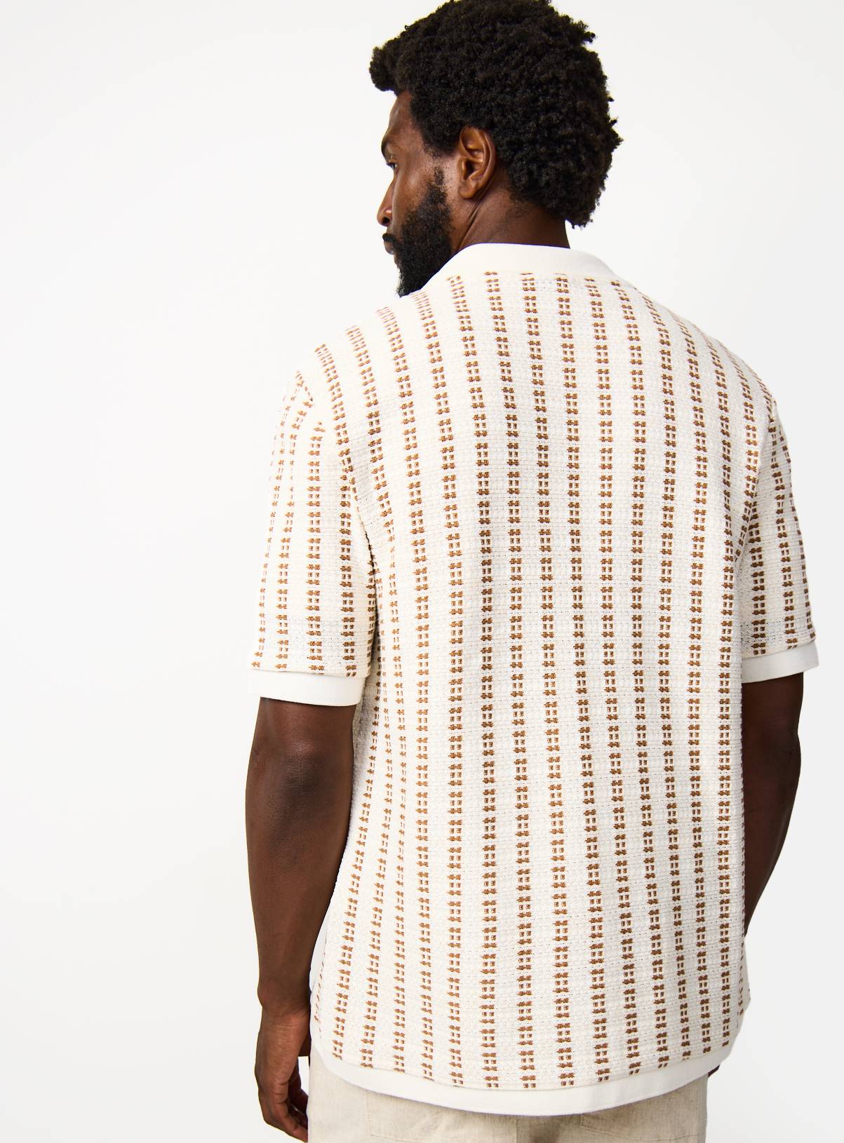 Cream Knit-Look Texture Stripe Short Sleeve Polo Shirt XL - Image 5