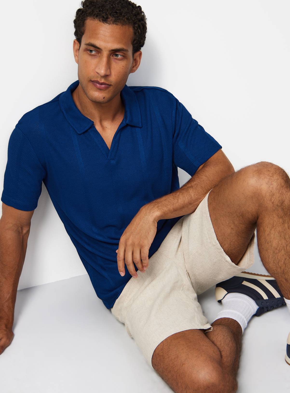 Blue Textured Trophy Neck Polo S - Image 1