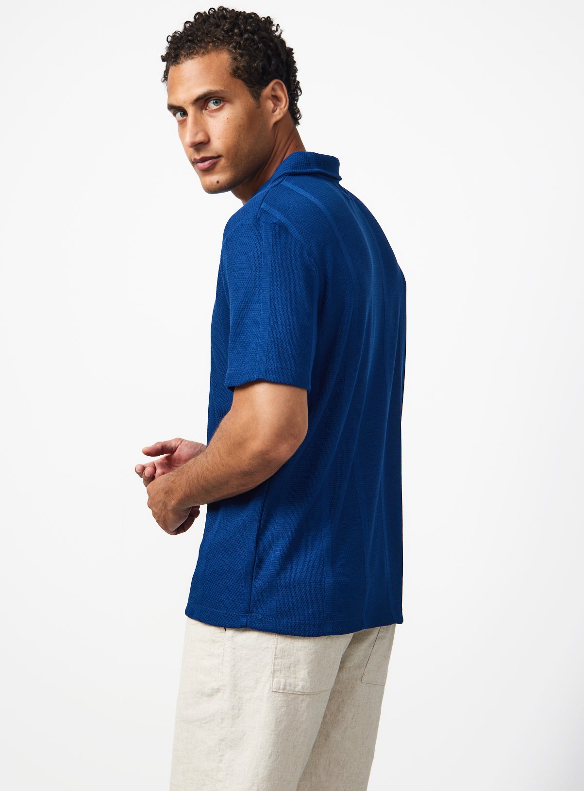 Blue Textured Trophy Neck Polo S - Image 5 thumbnail