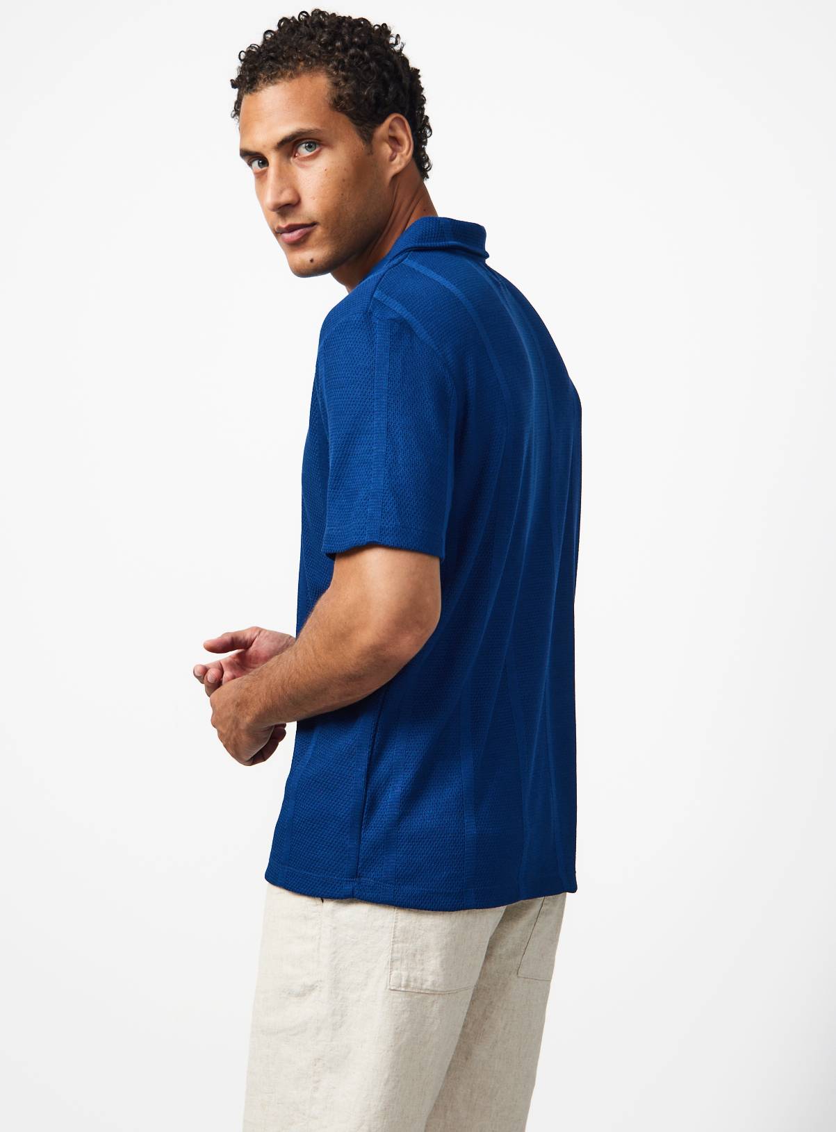 Blue Textured Trophy Neck Polo S - Image 5