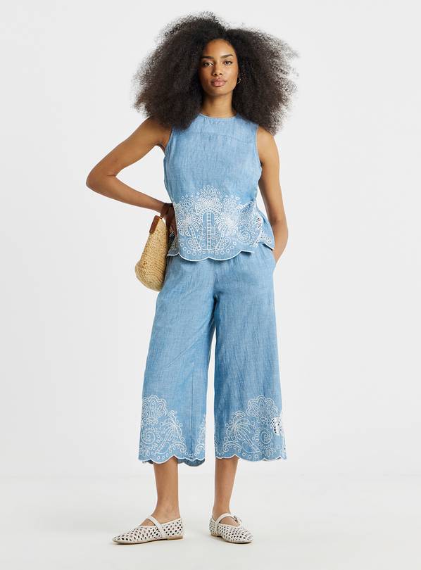 SIMPLY BE Light Wash Chambray Palm Broderie Crop Jeans 12