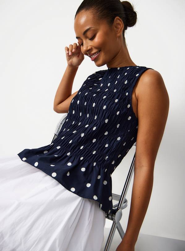 Navy Shirred Sleeveless Spotted Top 22