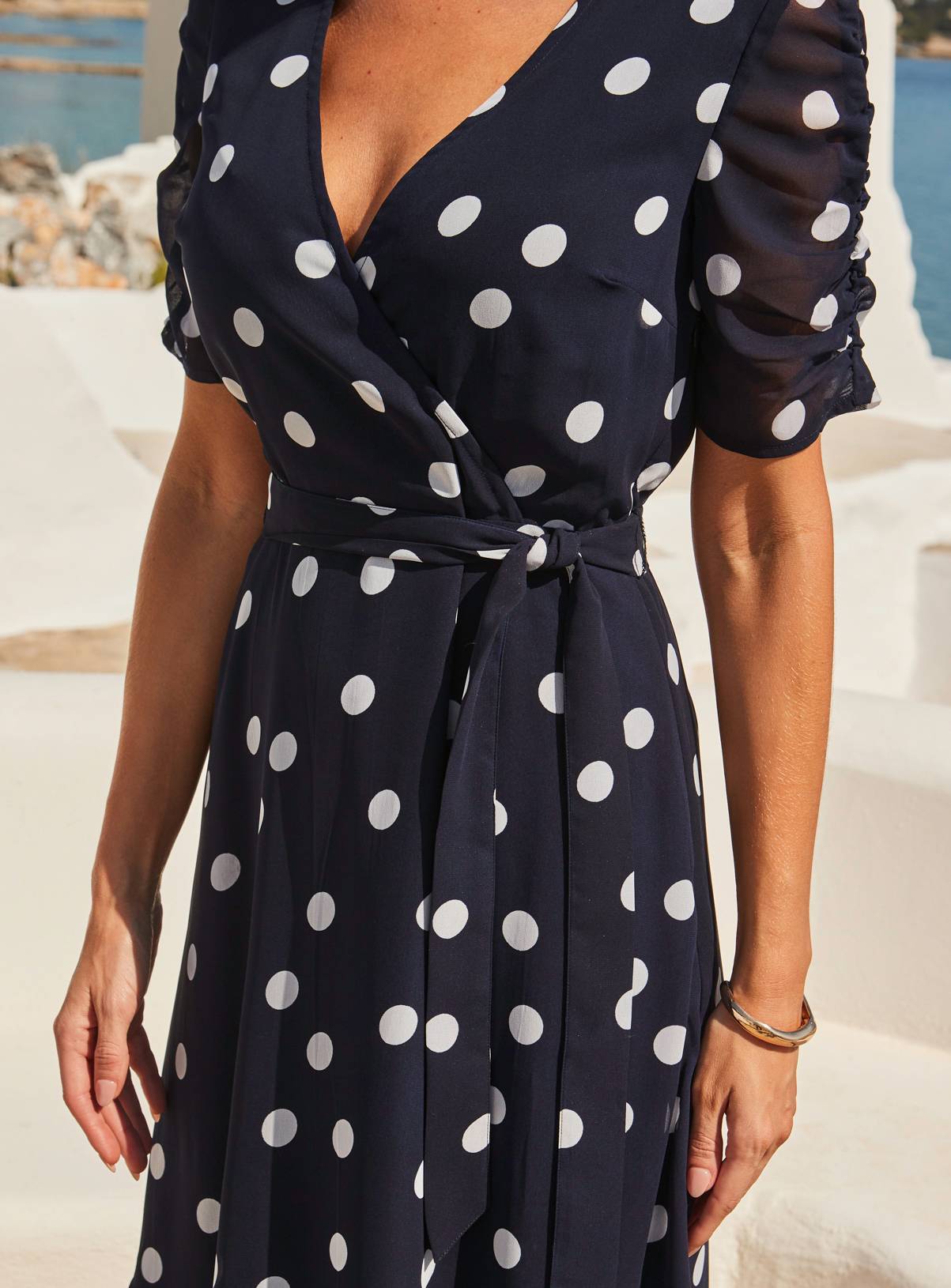 SOSANDAR Navy Blue and White Spot Print Faux Wrap Dress 6 - Image 2
