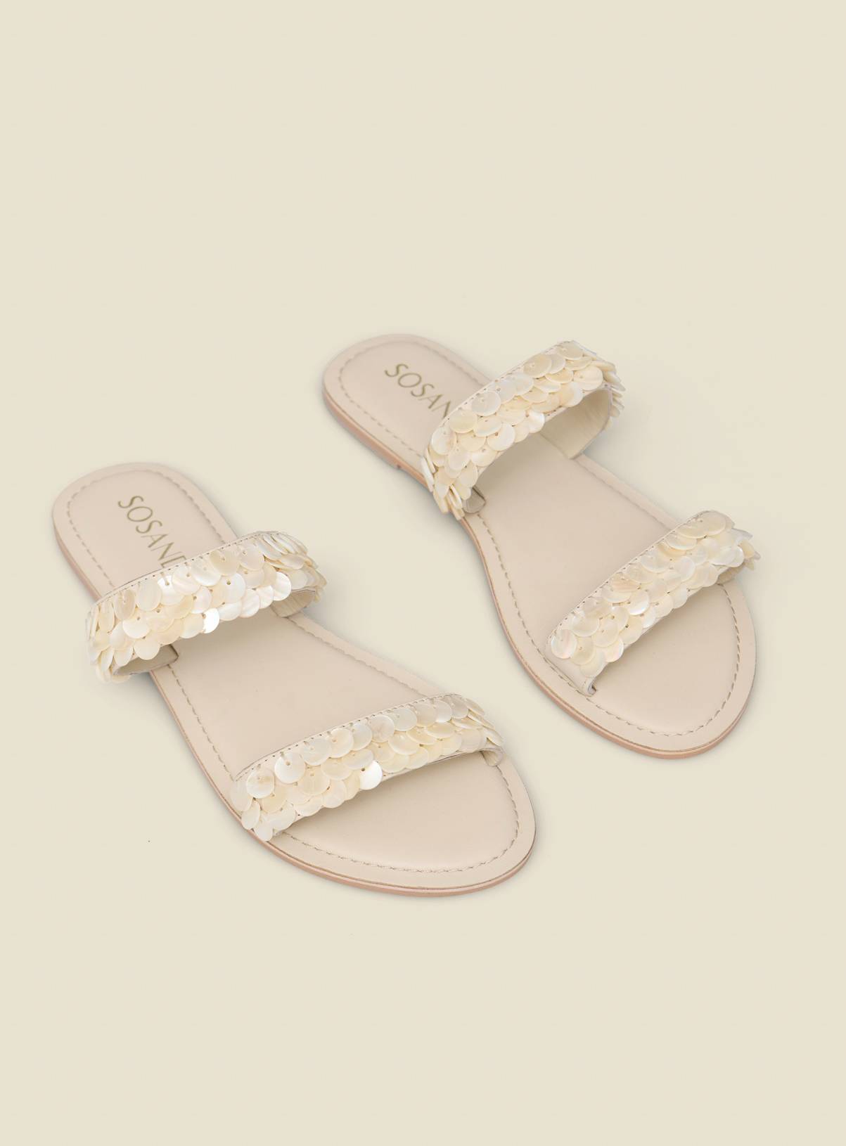 SOSANDAR Cream Shell Trim Detail Mule Leather Sandals 5 - Image 3