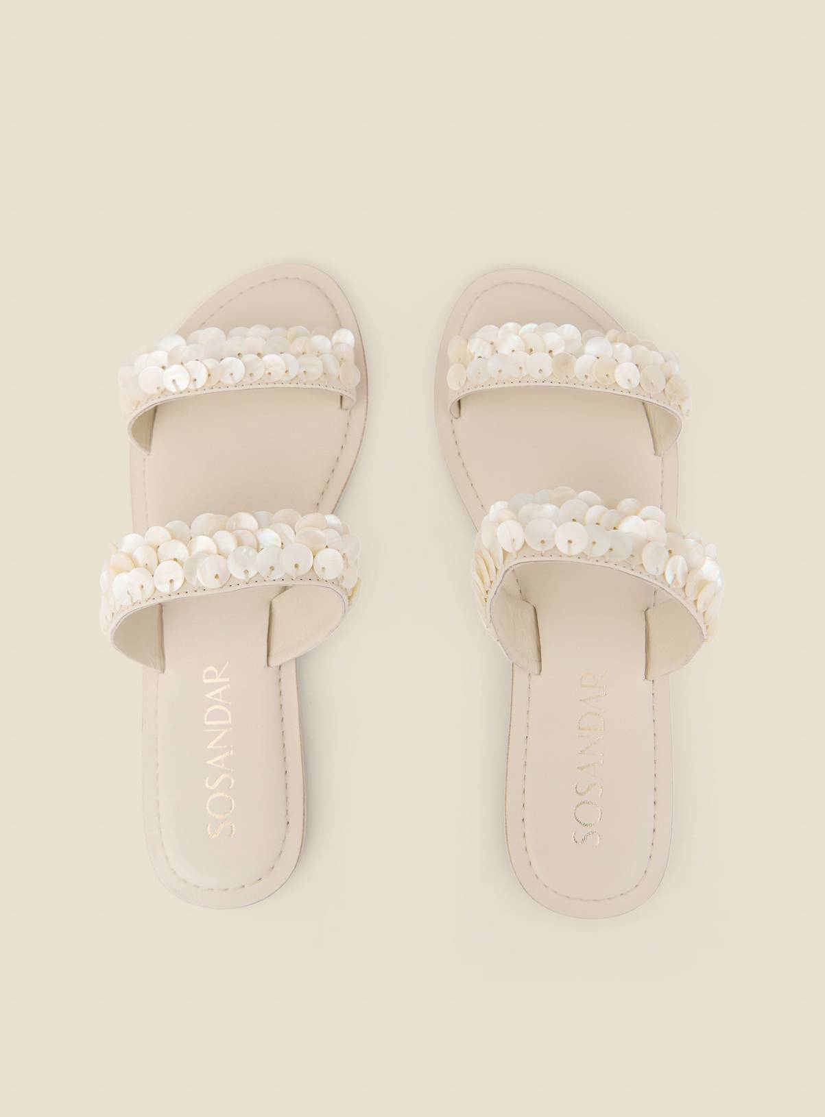 SOSANDAR Cream Shell Trim Detail Mule Leather Sandals 5 - Image 5
