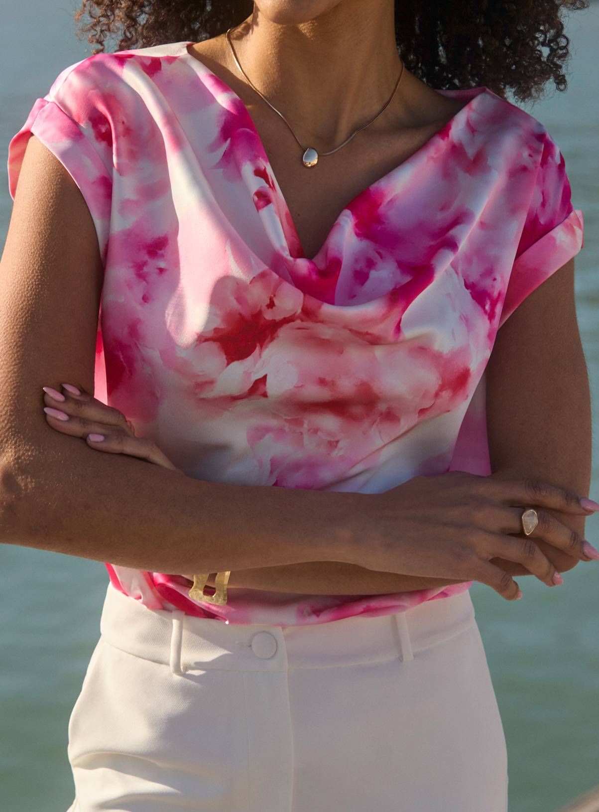 SOSANDAR Pink and White Floral Print Cowl Neck Top 10 - Image 4