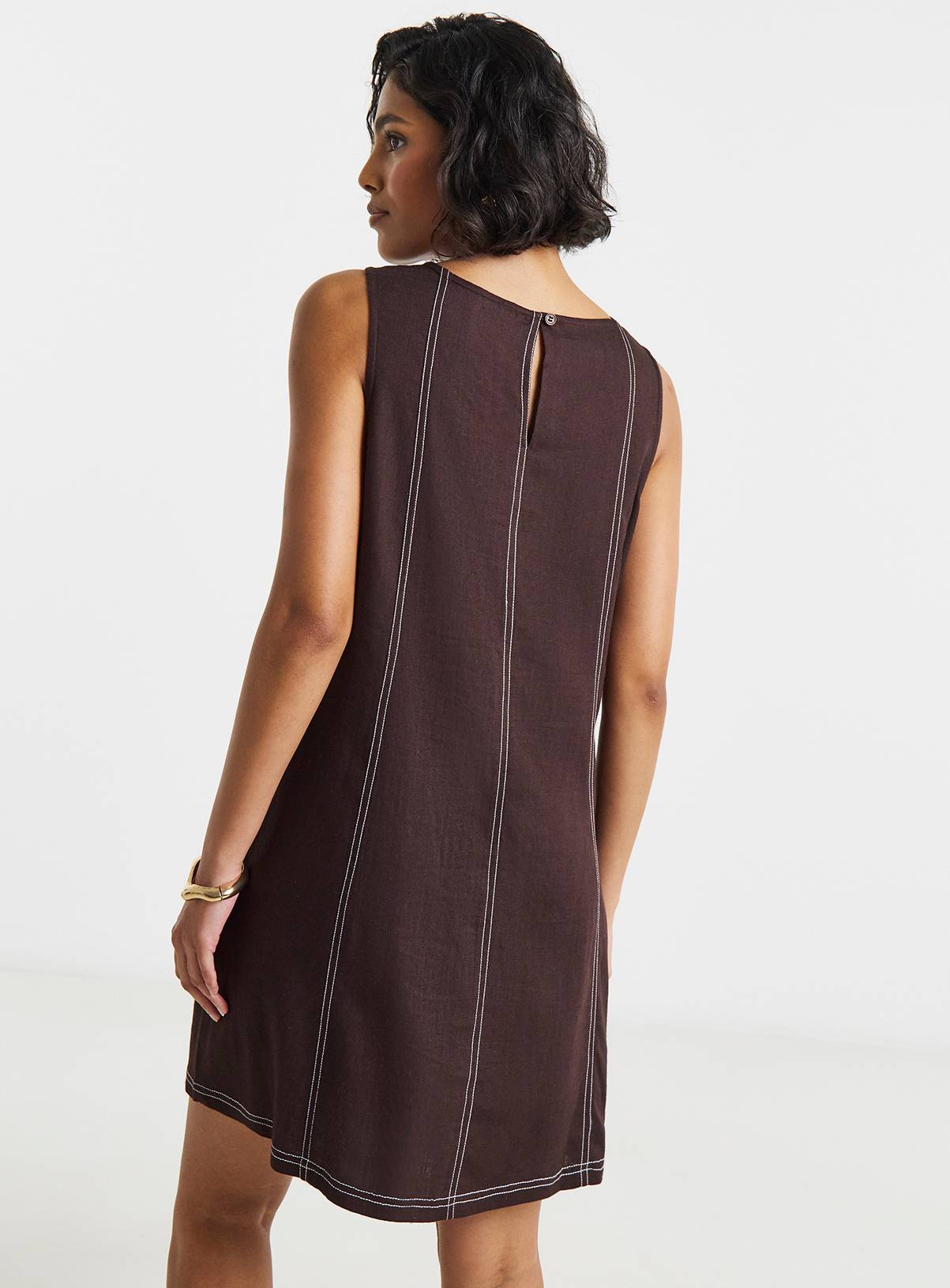 SIMPLY BE Chocolate Linen Swing Dress With Ecru Stitching 30 - Image 2