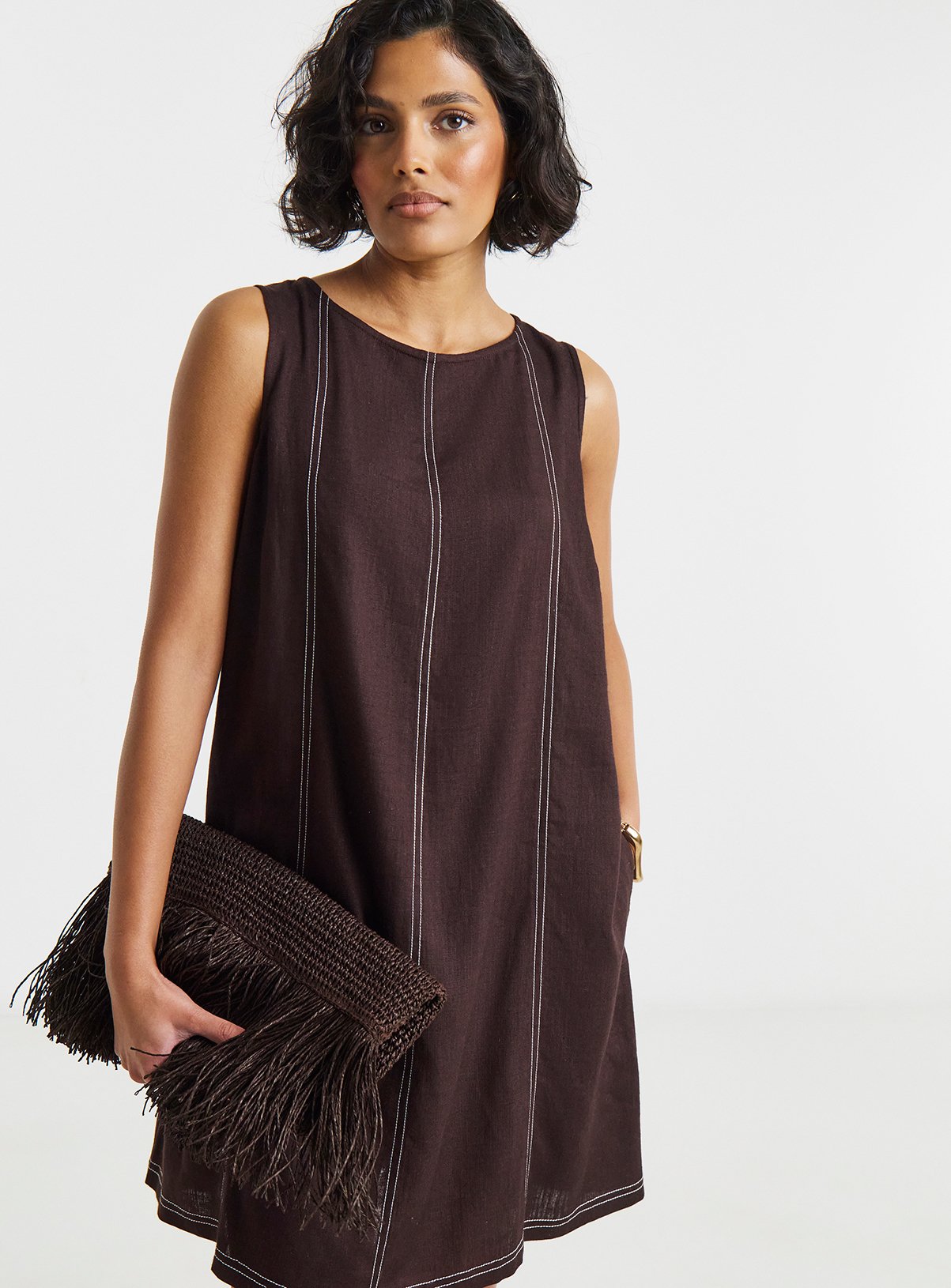 SIMPLY BE Chocolate Linen Swing Dress With Ecru Stitching 30 - Image 3 thumbnail