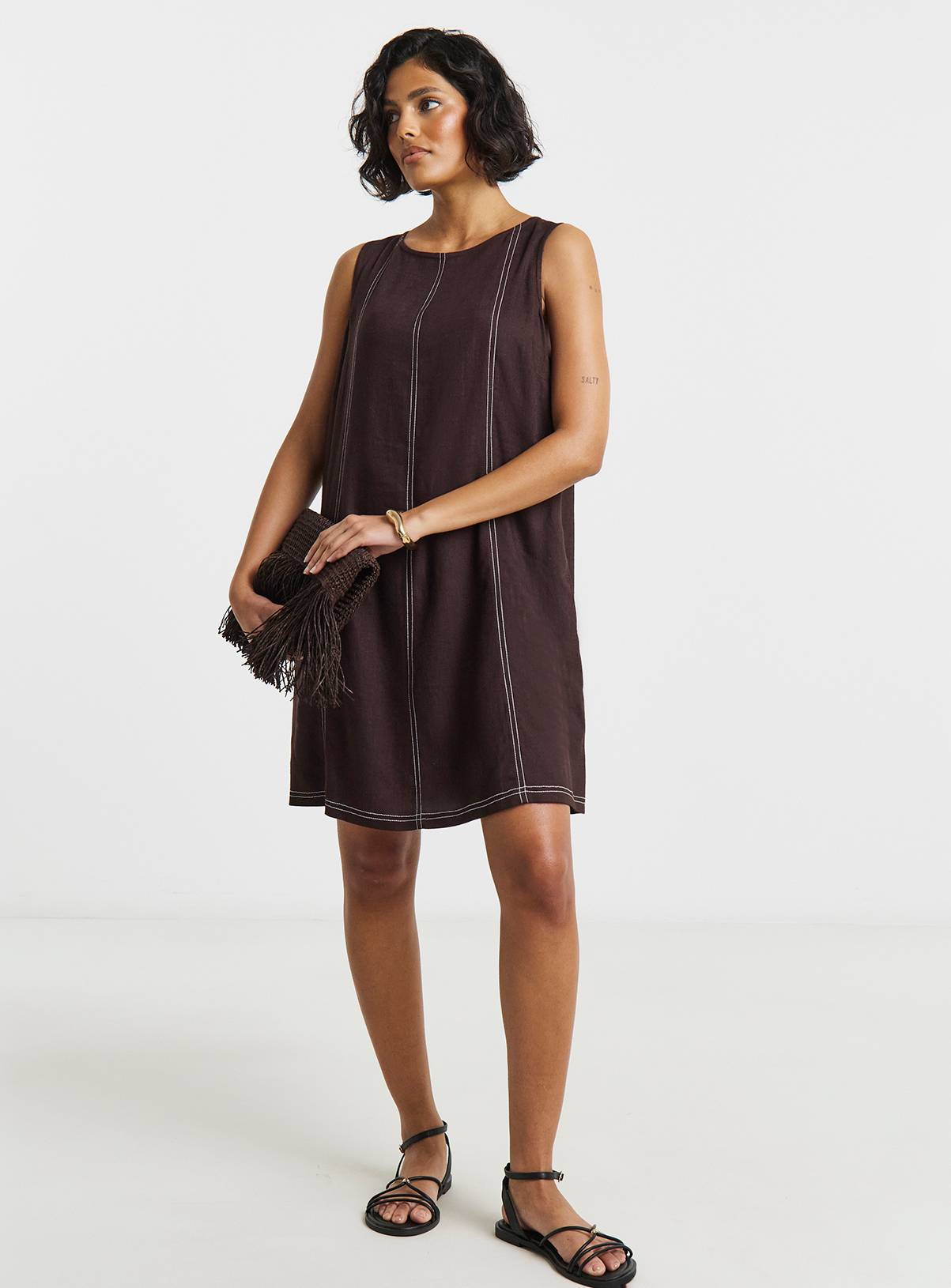 SIMPLY BE Chocolate Linen Swing Dress With Ecru Stitching 16 - Image 1
