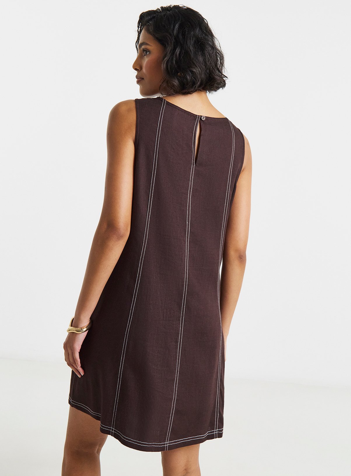 SIMPLY BE Chocolate Linen Swing Dress With Ecru Stitching 16 - Image 2 thumbnail